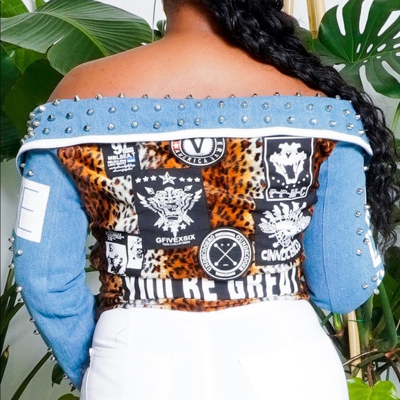 For Her NYC Belted Off-shoulder Studded Denim/Leopard Print Jacket Size 2X - Picture 2 of 15